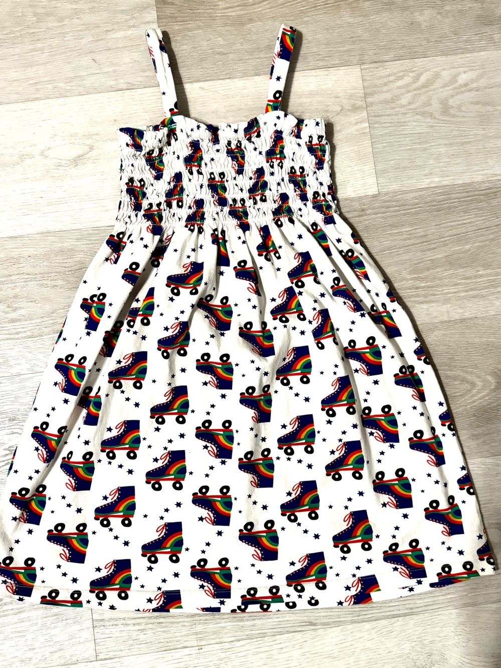 Hanna Andersson White Dress with Rainbow Roller Skate and Star Print